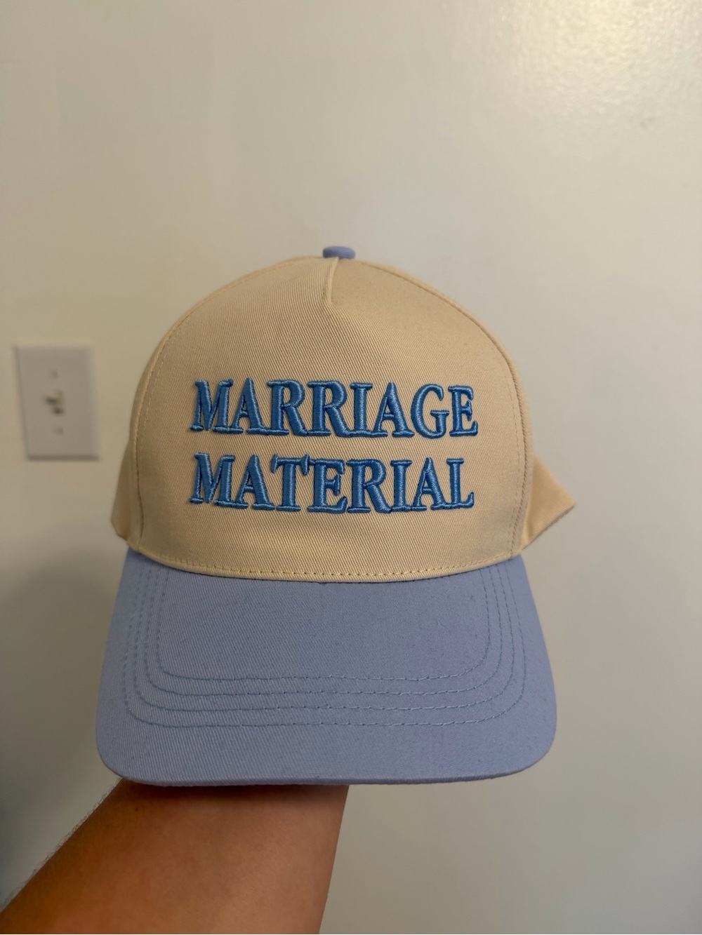 "Marriage Material" Embroidered Two-Tone Cap - Cream & Light Blue